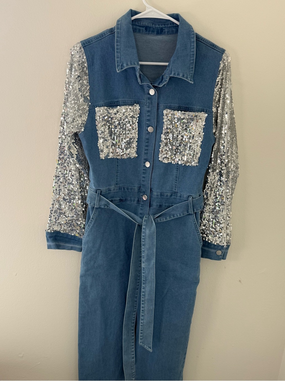 $120 Blue Velvet Denim Jumpsuit with sequins! Size Small! NWOT - Picture 2 of 5